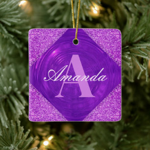 Modern Lila Glitter Girly Monogram Julgransprydnad Keramik