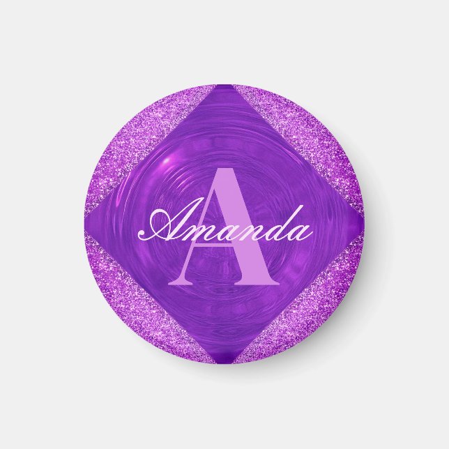 Modern Lila Glitter Girly Monogram Magnet (Framsidan)