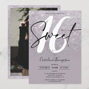 Modern lila glitter gräns-skript foto Sweet 16 Inbjudningar