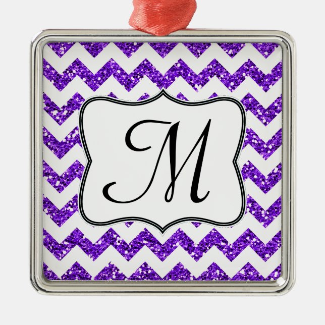 Modern Lila Glitter Monogram Initial Ornamal Julgransprydnad Metall (Framsidan)