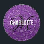 Modern lila glitter monogram namn-brädbräda darttavla<br><div class="desc">Modern lila glitter-mönsterbräda med ett vitt typografiskt namn och svart monogram. Anpassa till namn och börja med.</div>