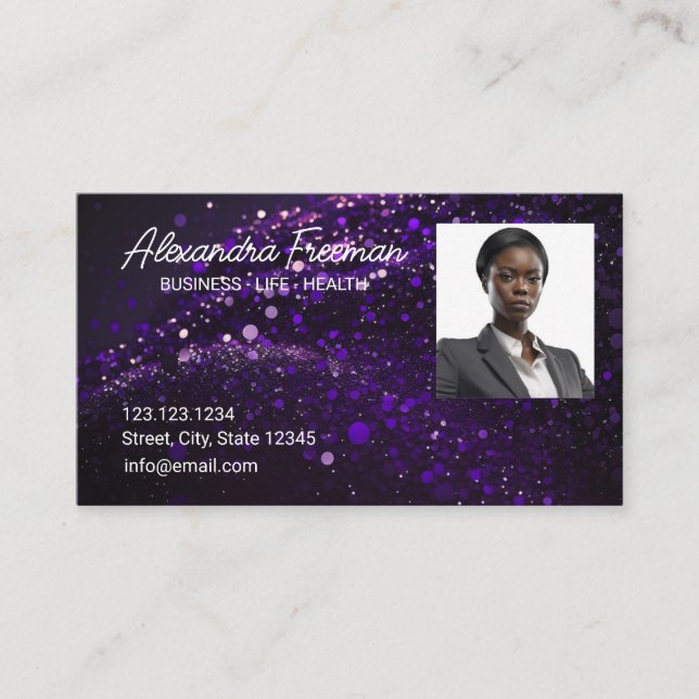 Modern Lila Glitter Photo Insurance Agent Visitkort (Framsida)