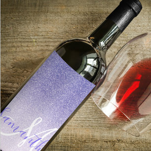 Modern Lila Glitter Sparkles Personlig Namn Vinflaska Etikett
