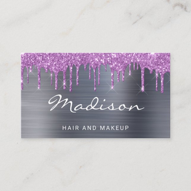 Modern lila glitterdropp Stylist Visitkort (Framsida)