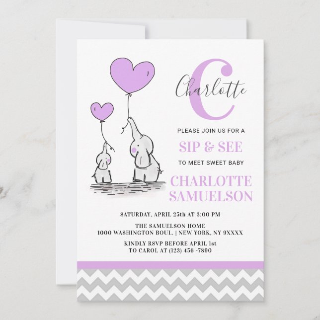 Modern lila grå elefant SIP & SEE Babyflicka Inbjudningar (Framsida)