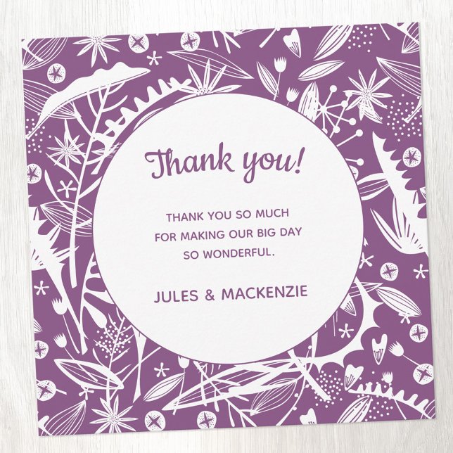 Modern Lila Graphic Blommigt Bröllop Tack Kort (Modern botanical purple floral wedding thank you card)
