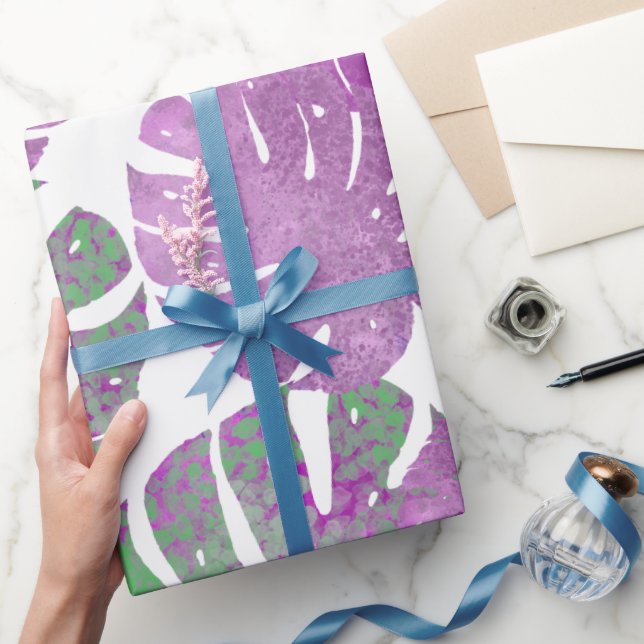 Modern lila grönt tropiska monsteranläggningar löv presentpapper (Gifting)