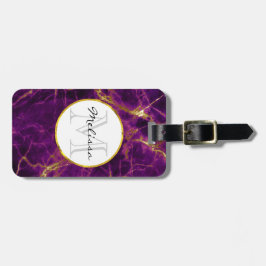 Modern Lila & Guld Abstrakt Marble Monogram Bagagebricka