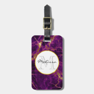 Modern Lila & Guld Abstrakt Marble Monogram Bagagebricka