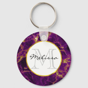 Modern Lila & Guld Abstrakt Marble Monogram Nyckelring