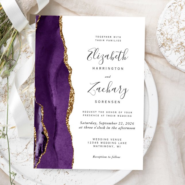 Modern Lila Guld Agate bröllopsinbjudan Inbjudningar (The perfect choice for a purple and gold themed wedding.)