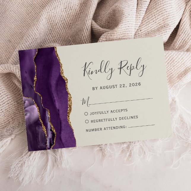 Modern lila guld Agate elfenbensbröllops-RSVP-kort OSA Kort (Skapare uppladdad)
