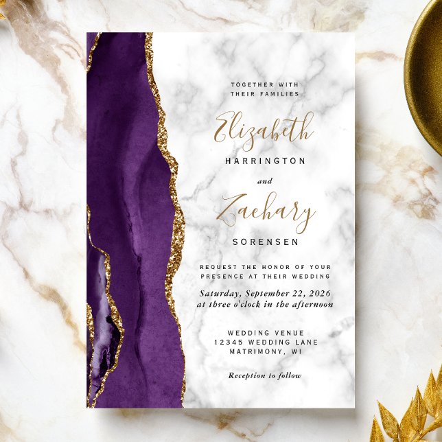 Modern Lila Guld Agate Marble Bröllop Inbjudningar (The perfect choice for a purple and gold themed wedding.)