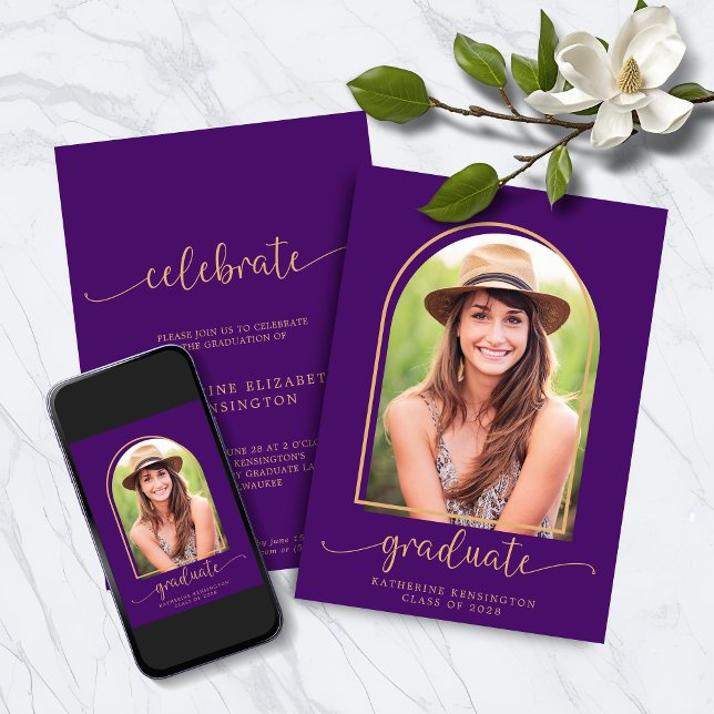Modern Lila Guld Arch Photo Studenten Inbjudningar (Modern Purple Gold Arch Photo Graduation Invitation Announcement with Instant Download)