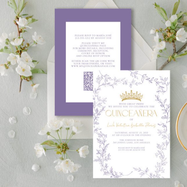 Modern Lila Guld botaniska Blommigten QR Quinceañe Inbjudningar (Skapare uppladdad)