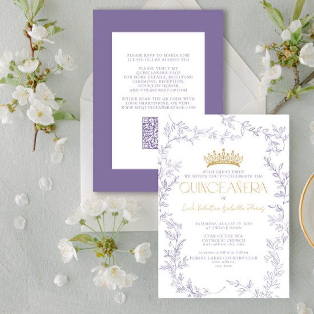 Modern Lila Guld botaniska Blommigten QR Quinceañe Inbjudningar (Skapare uppladdad)