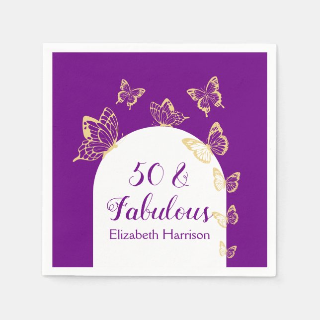 Modern Lila Guld Butterflies Fabulous Birthday Pappersservett (Framsidan)