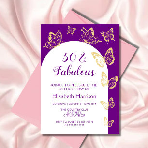 Modern Lila Guld Butterfly Fabulous Birthday Inbjudningar
