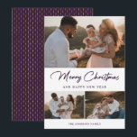 Modern Lila Guld Calligraphy Photo Collage Julkort<br><div class="desc">Anpassningsbar lila och guld fotokort med helgdag på framsidan och lila och guld mönster på baksidan. Anpassa enkelt det här helgdag till eleganten med dina foton och familjen namn. Fler alternativ för färg finns tillgängliga.</div>