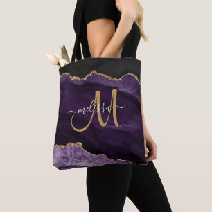 Modern Lila Guld Glitter Agate Monogram Namn Tygkasse