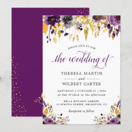 Modern Lila Guld Glitter Blommigt Bröllop Inbjudningar