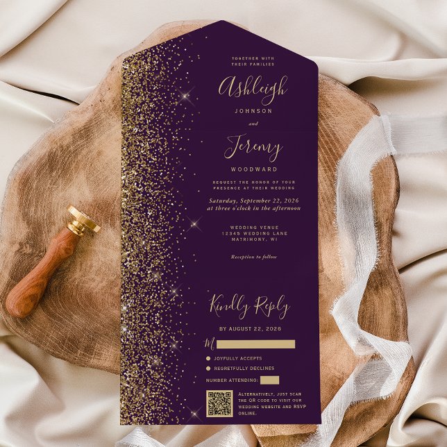 Modern Lila Guld Glitter QR-kod Bröllop (Skapare uppladdad)