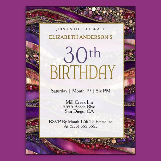 Modern lila guld juvelbesatt Strata 30-årsdag Inbjudningar (Luxury purple and gold 30th birthday invitation with jeweled marble design and elegant style.
)