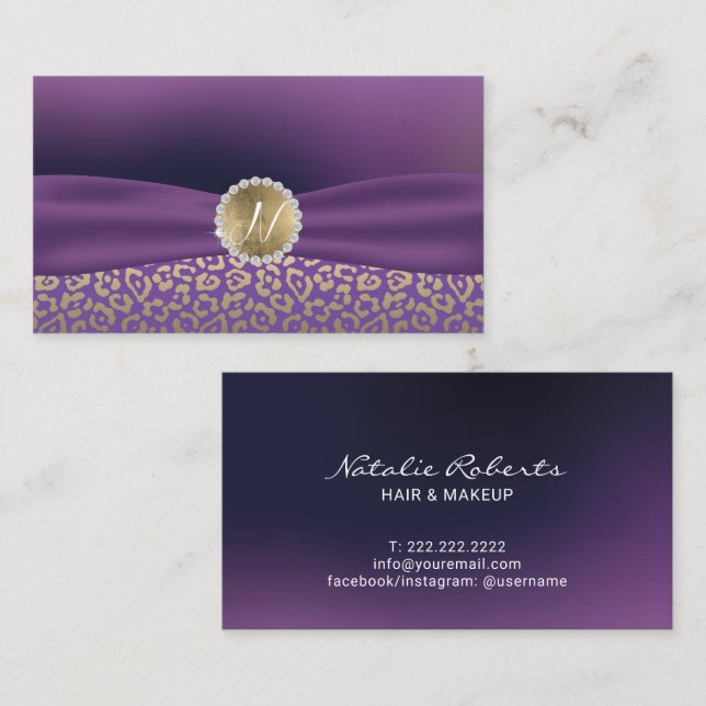 Modern Lila & Guld Leopard Elegant Ribbon Visitkort (Fram/baksida)