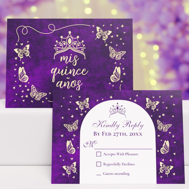 Modern Lila Guld Tiara Butterflies Quinceañera OSA Kort (Modern Purple Gold Tiara Butterflies Quinceañera RSVP Card)