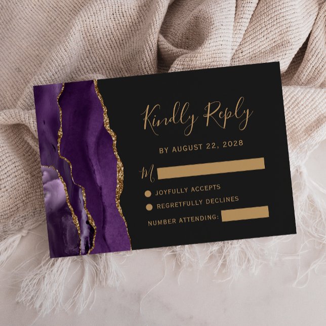 Modern lila guldagate mörk bröllops-RSVP-kort OSA Kort (Skapare uppladdad)