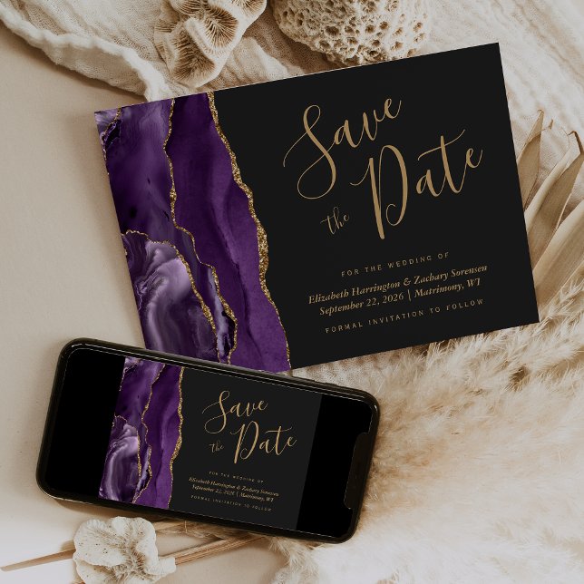 Modern lila guldagate mörk Spara datum-kort Inbjudningar (Skapare uppladdad)