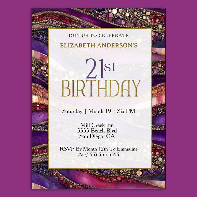 Modern lila guldjuvelbesatt Strata 21-årsdag Inbjudningar (Luxury purple and gold 21st birthday invitation with jeweled marble design and elegant style.
)