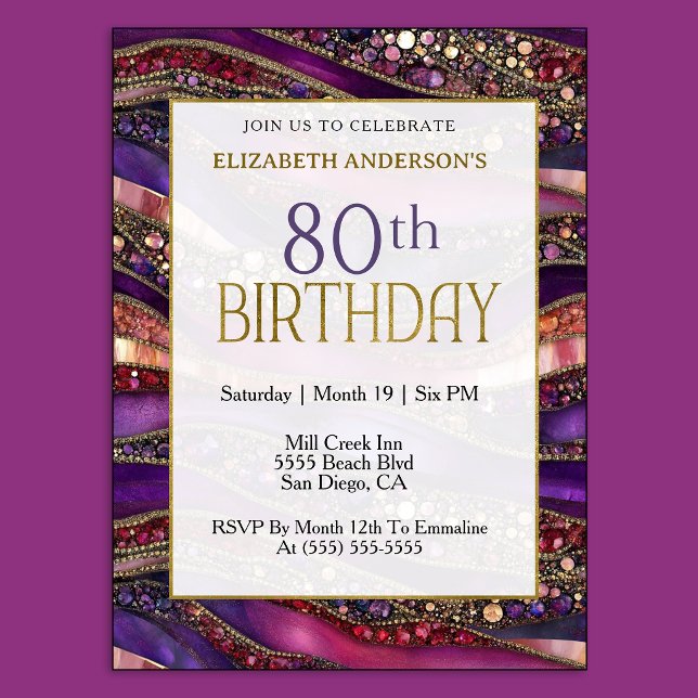 Modern lila guldjuvelbesatt Strata 80-årsfest Inbjudningar (Luxury purple and gold 80th birthday invitation with jeweled marble design and elegant style.
)