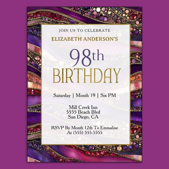 Modern lila guldjuvelerad Strata 98-årsdag Inbjudningar (Luxury purple and gold 98th birthday invitation with jeweled marble design and elegant style.
)