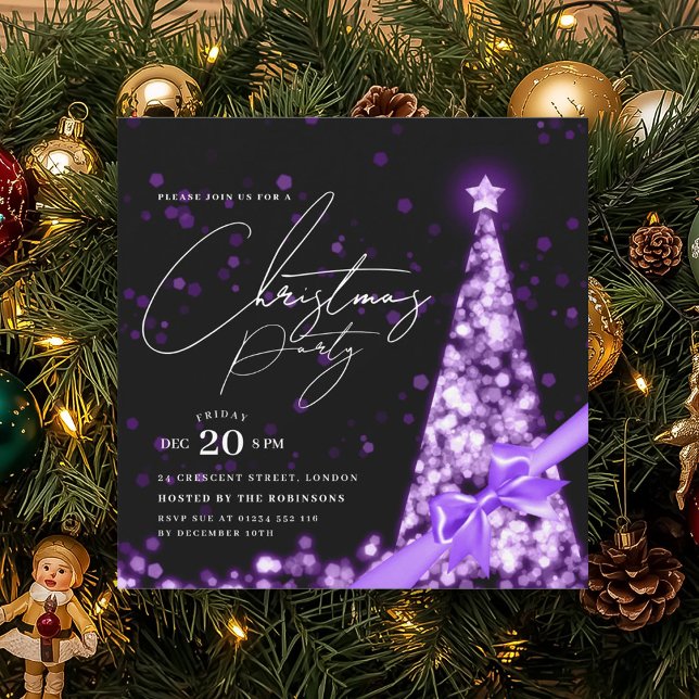 MODERN lila julgran slinga fest  Inbjudningar (MODERN Purple Winter Christmas Tree Bow Party Invitation)