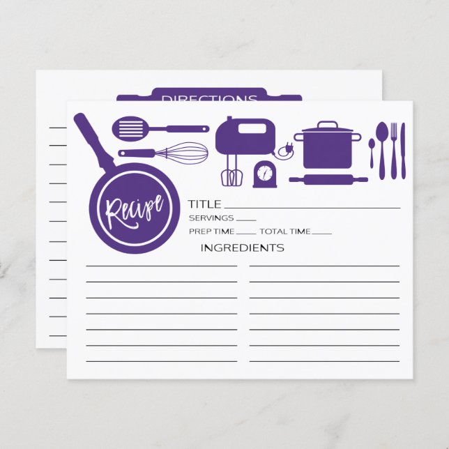 Modern Lila Kitchen Utensils Recept Card (Fram/baksida)