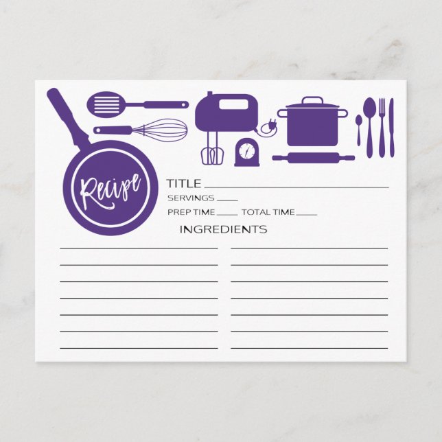 Modern Lila Kitchen Utensils Recept Card Vykort (Framsida)