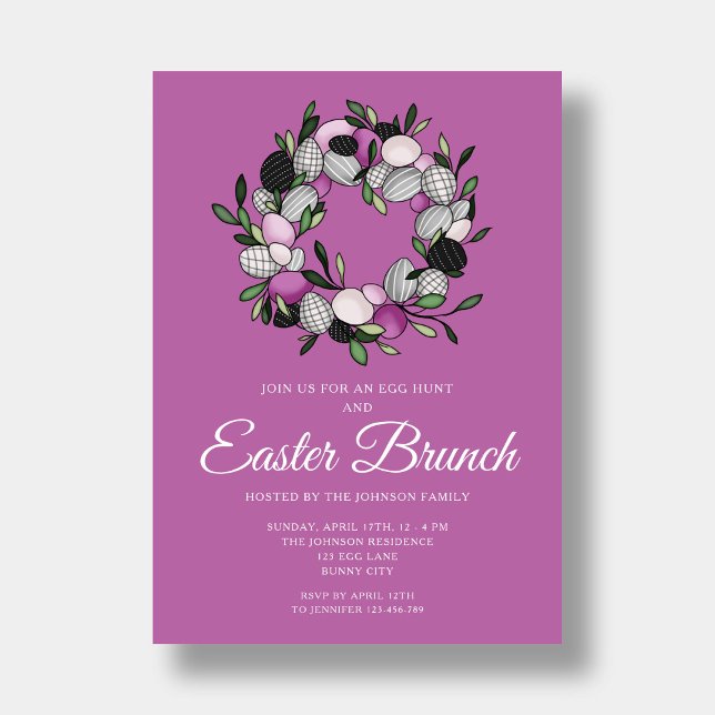 Modern lila krans påskbrunch inbjudningar (Modern Purple Wreath Easter Brunch Invitation)