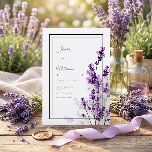 Modern Lila Lavendel Svart Lila Ram Bröllop Inbjudningar (Skapare uppladdad)