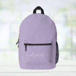 Modern Lila Lavender Personlig Script<br><div class="desc">Personlig lavender lila ryggsäck med monogrammet namn eller initialer i ett snyggt vitt skript med dekortecken.</div>