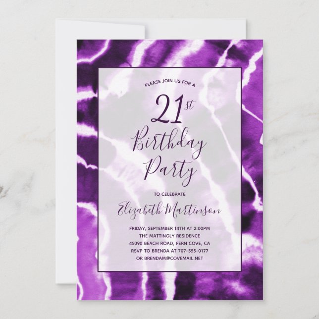Modern Lila Marble Tie Dye 21:a födelsedagen Party Inbjudningar (Framsida)
