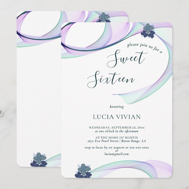 Modern Lila Mini Blommigt Sweet sixteen Birthday Inbjudningar (Fram/baksida)