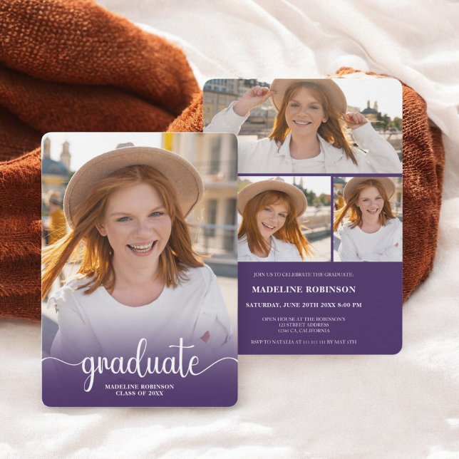 Modern Lila minimal 4-fotoskript Studenten Inbjudningar (Modern Purple minimal 4-Photo script Graduation Invitation)