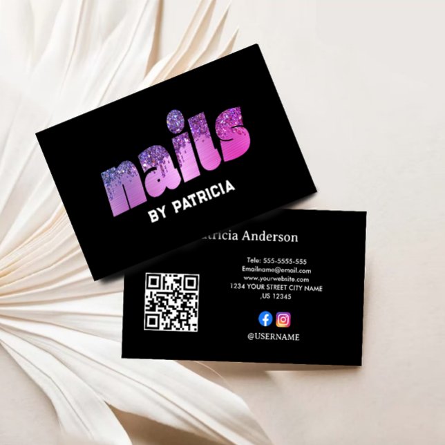 Modern Lila Naglar Glitter Drives Script Nagel Tec Visitkort (Modern Purple Nails Glitter Drips Script Nail Tech Business Card)