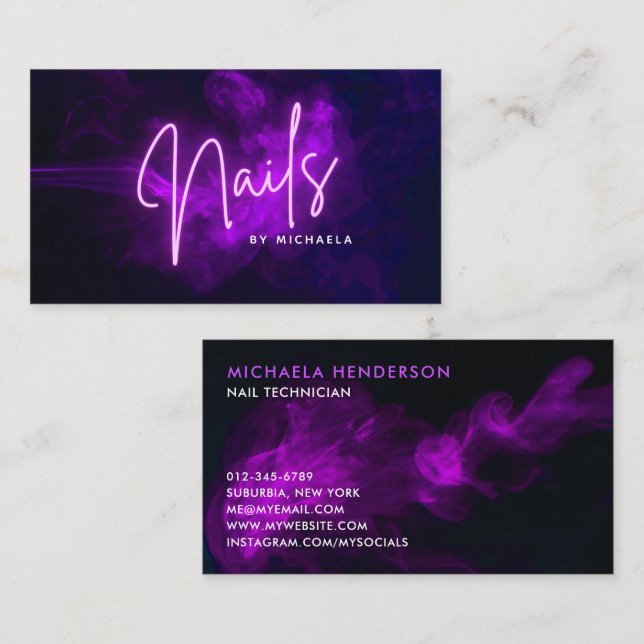 Modern Lila Neon & Smoke Nail Technician Visitkort (Fram/baksida)