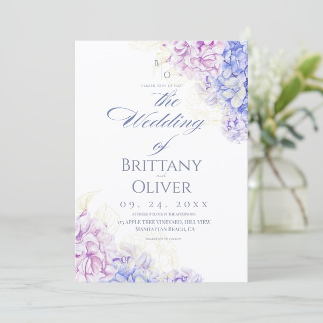 Modern lila och blå blommande bröllop inbjudningar (Stående Fram)