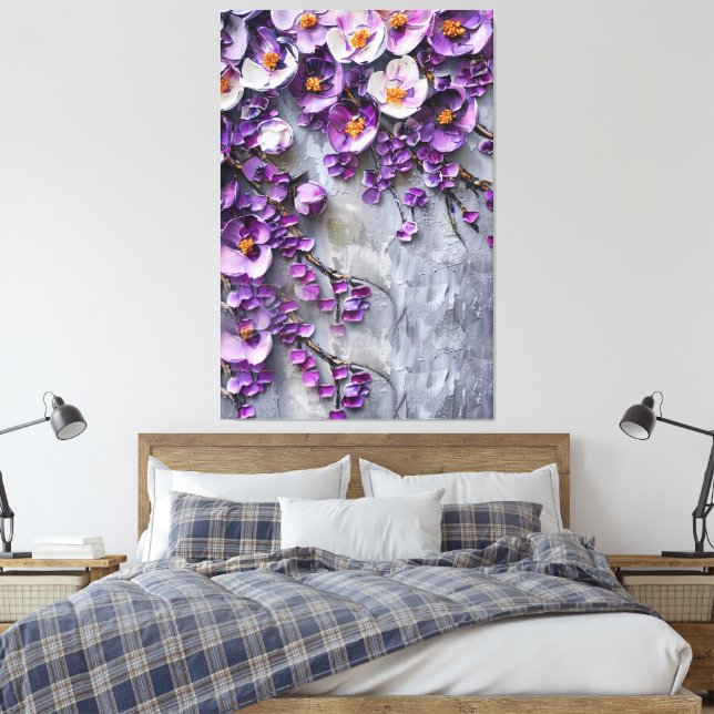 Modern lila och grå blomstermålning på duk canvastryck (Insitu (sovrum))