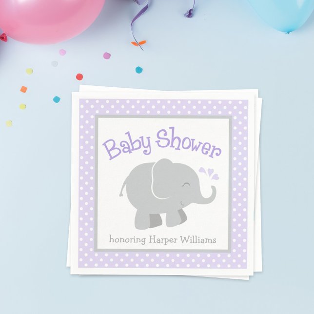 Modern Lila och Grått Elephant Girl Baby Shower Pappersservett (Skapare uppladdad)