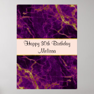 Modern Lila och Guld Abstrakt Marble Birthday Poster