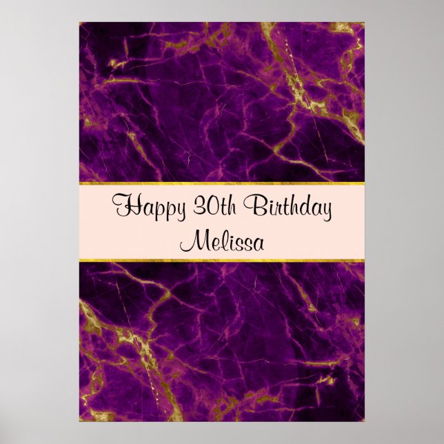Modern Lila och Guld Abstrakt Marble Birthday Poster (Framsidan)